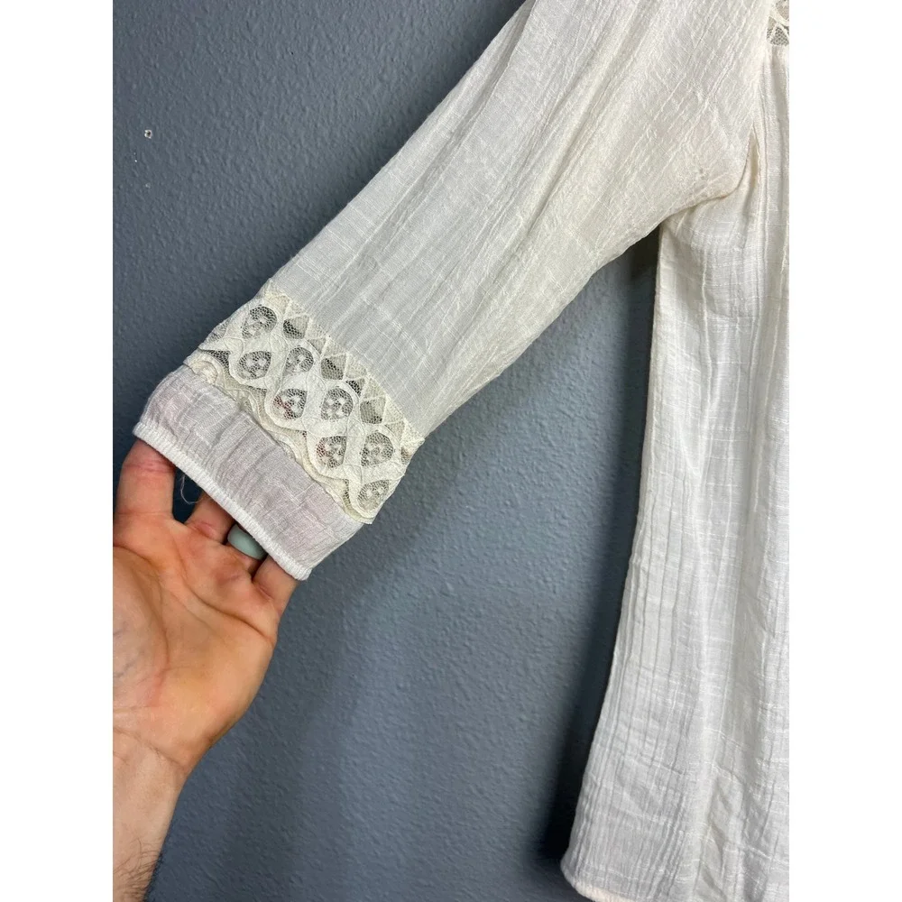 Mudd Lg Ivory Crochet Lace Peasant Cottagecore Blouse 3/4 Sleeve Button Front